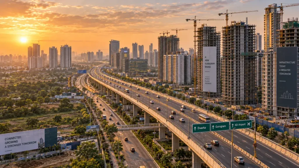 Aerial view of Dwarka Expressway with residential towers under construction